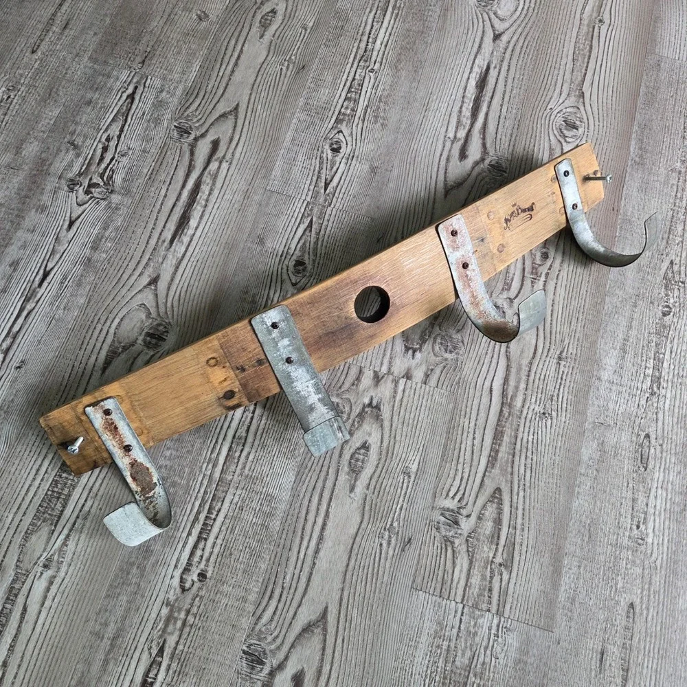 Kings Barrel Whiskey Barrel Stave Coat Rack Rustic Wood 4 Hook Wall Mount 35in